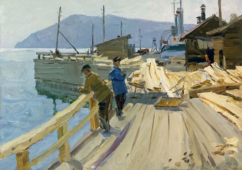 Anatoli Ilych Vasiliev Baikal Lake boat station. At the moorage Spain oil painting art